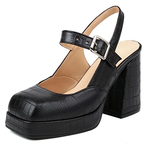 Gicoiz Slingback Chunky Heels Damen Square Toe Mary Jane Weit Fit Party Knöchelriemchen Mode Plateau Höhe Ferse Klassische Pump Schwarz Gr 40.5 EU-42Cn von Gicoiz