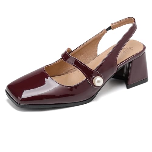 Gicoiz Slingback Mary Jane Damen Square Toe Lack Pumps Ohne Verschluss Hochzeit Slipper Elegant Blockabsatz Abendschuhe Rotwein Gr 36.5 EU-37Cn von Gicoiz