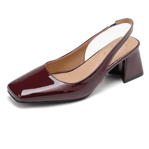 Gicoiz Slingback Mary Jane Damen Square Toe Lack Pumps Ohne Verschluss Hochzeit Slipper Elegant Blockabsatz Abendschuhe Rotwein Gr 37 EU-38Cn von Gicoiz