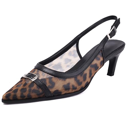 Gicoiz Slingback Stiletto Kitten Schuhe Damen Pointed Toe Bogen Pumps Leopard Abendschuhe Hochzeit Slipper Mesh Braun Gr 34 EU von Gicoiz