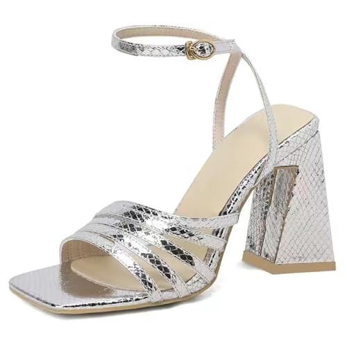 Gicoiz Sommer Block Sandalen Damen Knöchelriemchen Sandals Hochzeit Komfort Schnalle Höhe Ferse Bride Elegant Chunky Silber Gr 39 EU-40Cn von Gicoiz