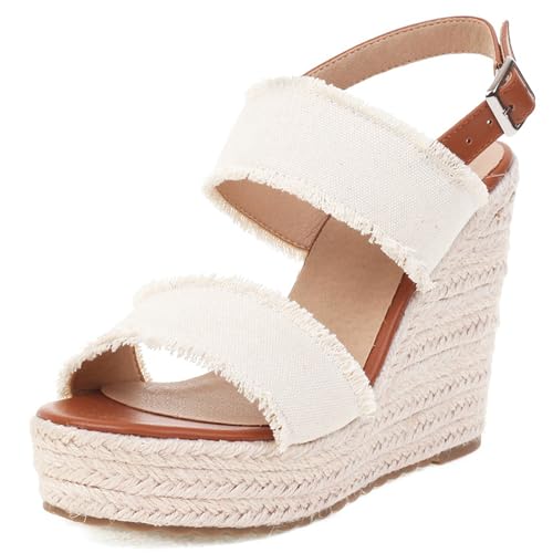 Gicoiz Sommer Espadrille Damen Peep Toe Komfort Keilabsatz Sandals Strappy Komfort Knöchelriemchen Mode Plateau Höhe Ferse Bridal Beige Gr 32 EU von Gicoiz