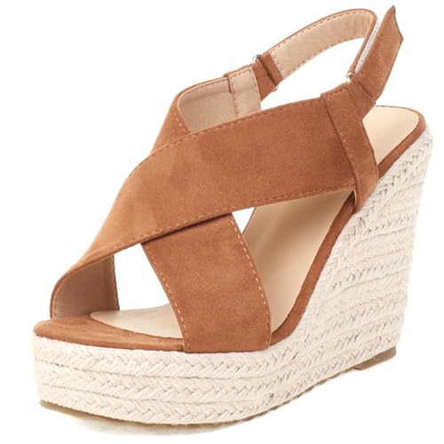 Gicoiz Sommer Espadrille Damen Peep Toe Komfort Keilabsatz Sandals Strappy Komfort Knöchelriemchen Mode Plateau Höhe Ferse Bridal Camel Gr 41 EU-43Cn von Gicoiz