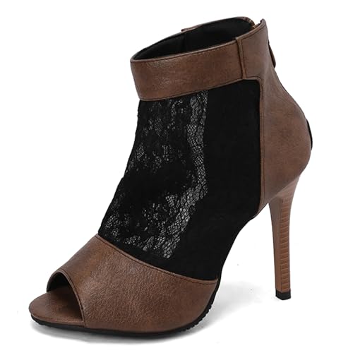 Gicoiz Sommer Gladiator Damen Peep Toe Schnüren Stiefeletten Reißverschluss Klassische Mesh Höhe Ferse Biker Stiefeletten Schnalle Romisch Braun Gr 41 EU-43Cn von Gicoiz