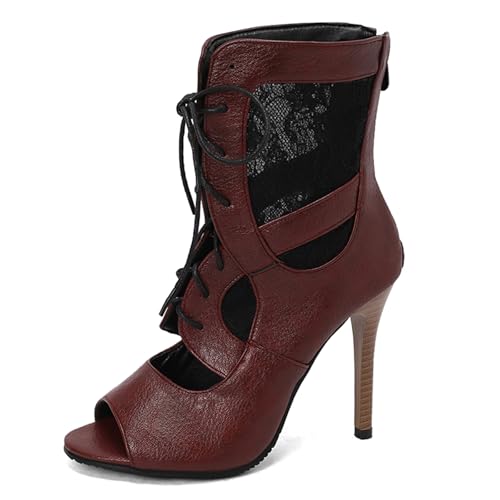Gicoiz Sommer Gladiator Damen Peep Toe Schnüren Stiefeletten Reißverschluss Klassische Mesh Höhe Ferse Biker Stiefeletten Schnalle Romisch Rotwein Gr 38 EU-39Cn von Gicoiz