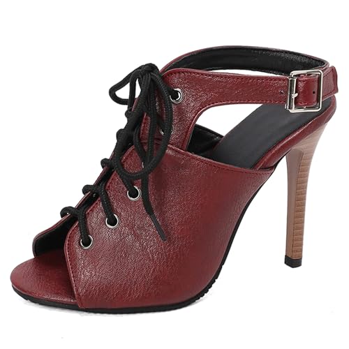 Gicoiz Sommer Gladiator Damen Peep Toe Schnüren Stiefeletten Reißverschluss Klassische Mesh Höhe Ferse Biker Stiefeletten Schnalle Romisch Rotwein Gr 44 EU-46Cn von Gicoiz