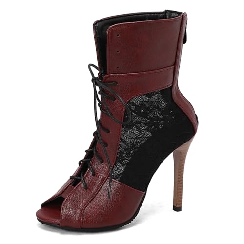 Gicoiz Sommer Gladiator Damen Peep Toe Schnüren Stiefeletten Reißverschluss Klassische Mesh Höhe Ferse Biker Stiefeletten Schnalle Romisch Rotwein Gr 44 EU-46Cn von Gicoiz