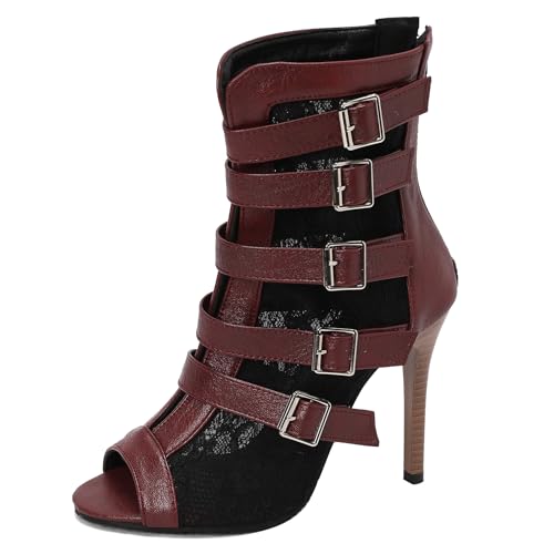 Gicoiz Sommer Gladiator Damen Peep Toe Schnüren Stiefeletten Reißverschluss Klassische Mesh Höhe Ferse Biker Stiefeletten Schnalle Romisch Rotwein Gr 45 EU-47Cn von Gicoiz