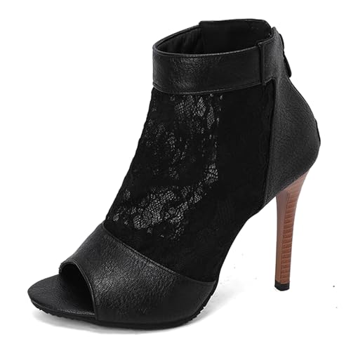 Gicoiz Sommer Gladiator Damen Peep Toe Schnüren Stiefeletten Reißverschluss Klassische Mesh Höhe Ferse Biker Stiefeletten Schnalle Romisch Schwarz Gr 36.5 EU-37Cn von Gicoiz