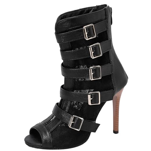 Gicoiz Sommer Gladiator Damen Peep Toe Schnüren Stiefeletten Reißverschluss Klassische Mesh Höhe Ferse Biker Stiefeletten Schnalle Romisch Schwarz Gr 39 EU-40Cn von Gicoiz