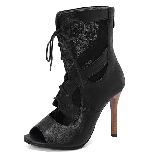 Gicoiz Sommer Gladiator Damen Peep Toe Schnüren Stiefeletten Reißverschluss Klassische Mesh Höhe Ferse Biker Stiefeletten Schnalle Romisch Schwarz Gr 48 EU-50Cn von Gicoiz