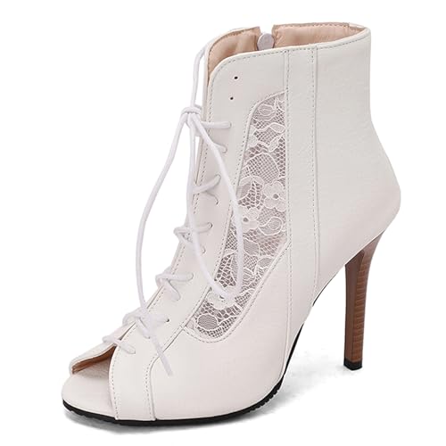 Gicoiz Sommer Gladiator Damen Peep Toe Schnüren Stiefeletten Reißverschluss Klassische Mesh Höhe Ferse Biker Stiefeletten Schnalle Romisch Weiß Gr 32 EU von Gicoiz