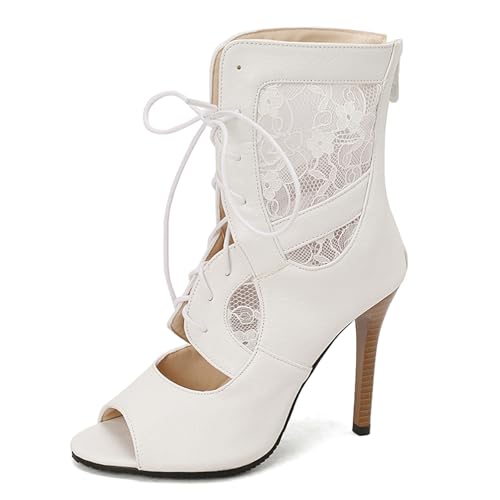 Gicoiz Sommer Gladiator Damen Peep Toe Schnüren Stiefeletten Reißverschluss Klassische Mesh Höhe Ferse Biker Stiefeletten Schnalle Romisch Weiß Gr 42 EU-44Cn von Gicoiz