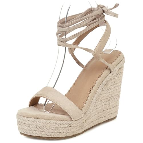 Gicoiz Sommer Keilabsatz Damen Mode Espadrille Strand Sandals Schnalle Offene Zeh Plateau Höhe Ferse Komfort Schnüren Strappy Beige Gr 39 EU-40Cn von Gicoiz