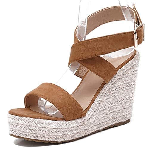 Gicoiz Sommer Keilabsatz Damen Mode Espadrille Strand Sandals Schnalle Offene Zeh Plateau Höhe Ferse Komfort Schnüren Strappy Camel Gr 40.5 EU-42Cn von Gicoiz