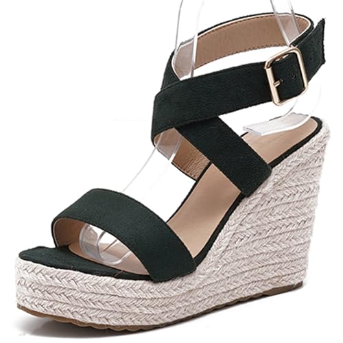 Gicoiz Sommer Keilabsatz Damen Mode Espadrille Strand Sandals Schnalle Offene Zeh Plateau Höhe Ferse Komfort Schnüren Strappy Grün Gr 34 EU von Gicoiz
