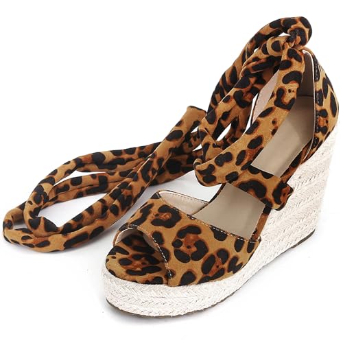 Gicoiz Sommer Keilabsatz Damen Mode Espadrille Strand Sandals Schnalle Offene Zeh Plateau Höhe Ferse Komfort Schnüren Strappy Leopard Gr 41 EU-43Cn von Gicoiz