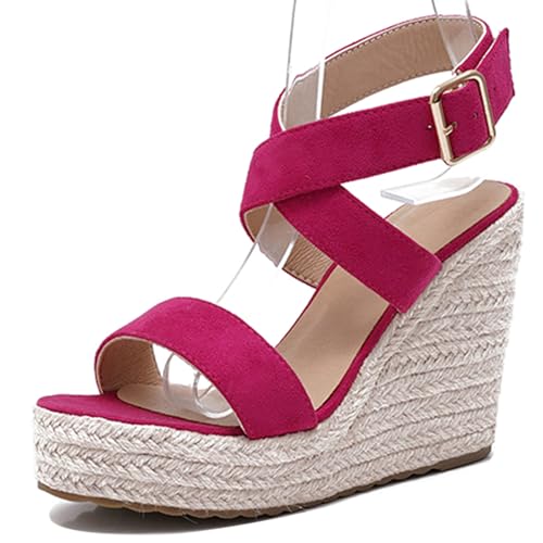 Gicoiz Sommer Keilabsatz Damen Mode Espadrille Strand Sandals Schnalle Offene Zeh Plateau Höhe Ferse Komfort Schnüren Strappy Rose-Rot Gr 37 EU-38Cn von Gicoiz
