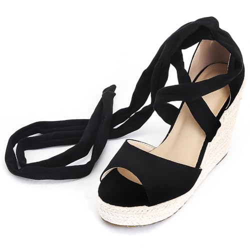 Gicoiz Sommer Keilabsatz Damen Mode Espadrille Strand Sandals Schnalle Offene Zeh Plateau Höhe Ferse Komfort Schnüren Strappy Schwarz Gr 40 EU-41Cn von Gicoiz
