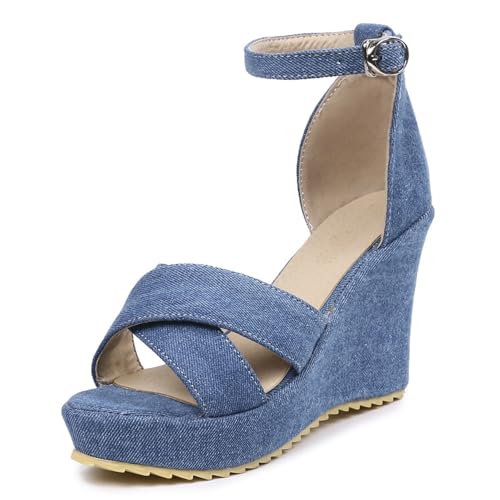 Gicoiz Sommer Keilabsatz Plateau Damen Peep Toe Sandals Denim Mode Schnalle Knöchelriemchen Höhe Ferse Schnüren Slingback Wildleder Blau Gr 35 EU von Gicoiz