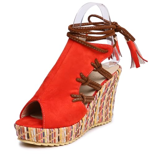 Gicoiz Sommer Keilabsatz Plateau Damen Peep Toe Sandals Denim Mode Schnalle Knöchelriemchen Höhe Ferse Schnüren Slingback Wildleder Orange Gr 40.5 EU-42Cn von Gicoiz