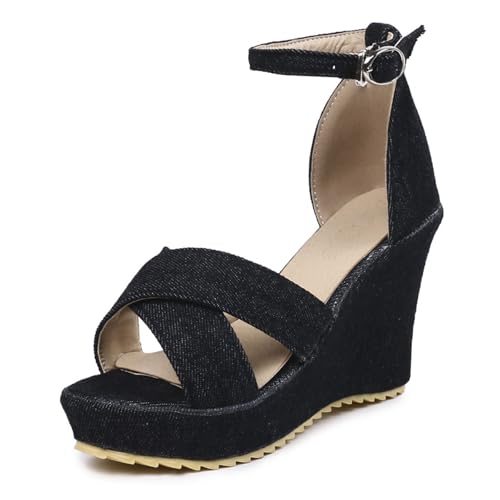 Gicoiz Sommer Keilabsatz Plateau Damen Peep Toe Sandals Denim Mode Schnalle Knöchelriemchen Höhe Ferse Schnüren Slingback Wildleder Schwarz Gr 40 EU-41Cn von Gicoiz