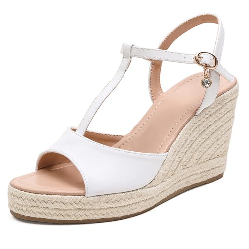 Gicoiz Sommer Keilabsatz Sandals Hochzeit Komfort Espadrille Damen Peep Toe Schnalle T-Spange Mode Höhe Ferse Leisure Plateau Weiß Gr 34 EU von Gicoiz