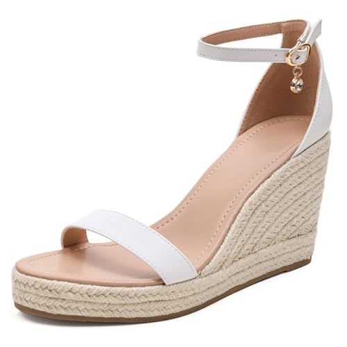 Gicoiz Sommer Keilabsatz Sandals Hochzeit Komfort Espadrille Damen Peep Toe Schnalle T-Spange Mode Höhe Ferse Leisure Plateau Weiß Gr 36.5 EU-37Cn von Gicoiz