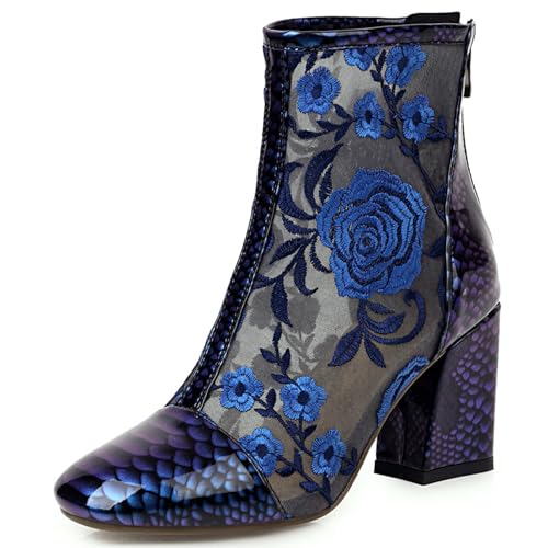 Gicoiz Square Toe Chelsea Lack Damen Blockabsatz Bestickt Stiefel Abend Elegant Höhe Ferse Sommer Hochzeit Ankle Stiefeletten Zip Blau Gr 36 EU von Gicoiz