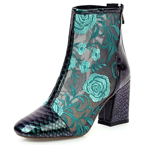 Gicoiz Square Toe Chelsea Lack Damen Blockabsatz Bestickt Stiefel Abend Elegant Höhe Ferse Sommer Hochzeit Ankle Stiefeletten Zip Grün Gr 42 EU-44Cn von Gicoiz