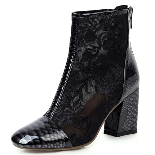 Gicoiz Square Toe Chelsea Lack Damen Blockabsatz Bestickt Stiefel Abend Elegant Höhe Ferse Sommer Hochzeit Ankle Stiefeletten Zip Schwarz Gr 43 EU-45Cn von Gicoiz
