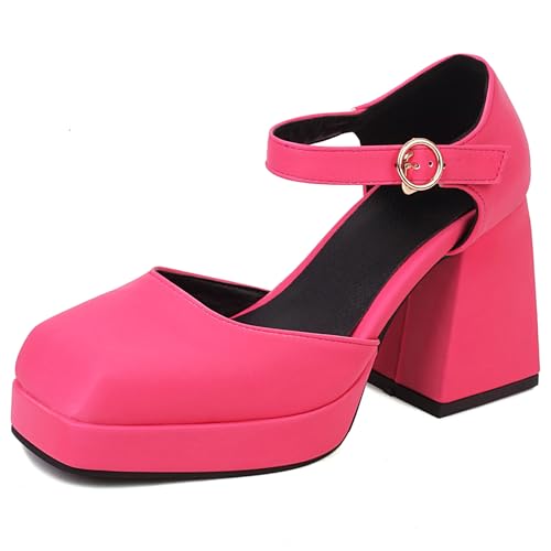 Gicoiz Square Toe Chunky Sandalen Damen Mode Sandals Weit Fit Damen Sommer Hohen Blockabsatz Plateau Elegant Party Rose-Rot Gr 36 EU von Gicoiz
