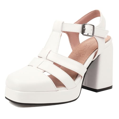 Gicoiz Square Toe Gladiator Damen Chunky Heel T-Spange Sandals Weit Fit Sommer Mode Plateau Römersandalen Leisure Weiß Gr 35 EU von Gicoiz