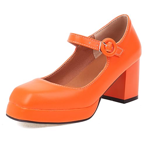 Gicoiz Square Toe Mary Jane Damen Mode Plateau Schuhe Knöchelriemchen Chunky Pumps Weit Fit Party Hohen Blockabsatz Orange Gr 40.5 EU-42Cn von Gicoiz