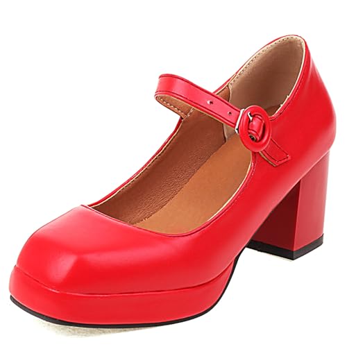 Gicoiz Square Toe Mary Jane Damen Mode Plateau Schuhe Knöchelriemchen Chunky Pumps Weit Fit Party Hohen Blockabsatz Rot Gr 34 EU von Gicoiz