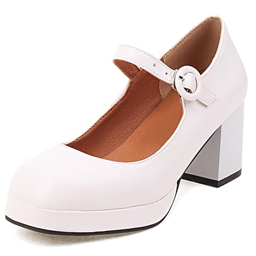 Gicoiz Square Toe Mary Jane Damen Mode Plateau Schuhe Knöchelriemchen Chunky Pumps Weit Fit Party Hohen Blockabsatz Weiß Gr 45 EU-47Cn von Gicoiz