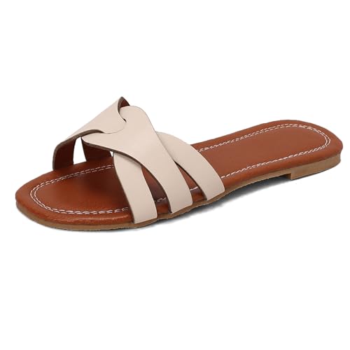 Gicoiz Strand Pantoffeln Pantoletten Für Damen Hausschuhe Pantoffeln Sandals Offene Zeh Sommer Comfy Flach Schuhe Strappy Gladiator Romisch Schuhe Draußen Mules Beige Gr 39 EU-40Cn von Gicoiz