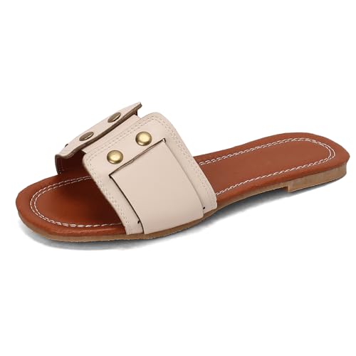 Gicoiz Strand Pantoffeln Pantoletten Für Damen Hausschuhe Pantoffeln Sandals Offene Zeh Sommer Comfy Flach Schuhe Strappy Gladiator Romisch Schuhe Draußen Mules Beige Gr 40.5 EU-42Cn von Gicoiz