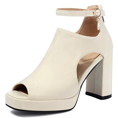 Gicoiz Strappy Gladiator Damen Peep Toe Chunky Heel Sandals Sommer Mode Hohen Blockabsatz Plateau Römersandalen Strand Beige Gr 36 EU von Gicoiz