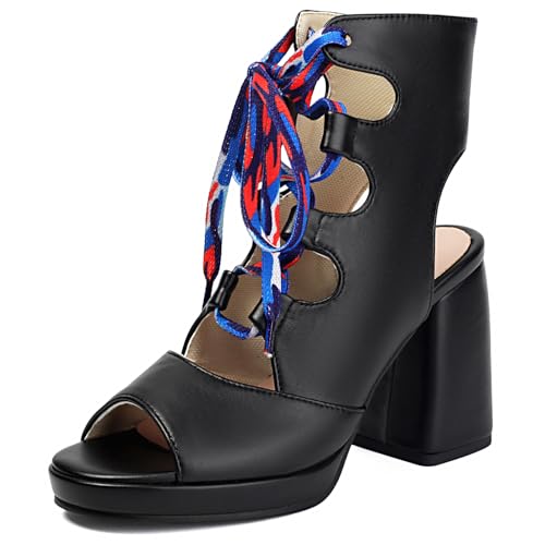 Gicoiz Strappy Gladiator Damen Peep Toe Chunky Heel Sandals Sommer Mode Hohen Blockabsatz Plateau Römersandalen Strand Schwarz Gr 36 EU von Gicoiz