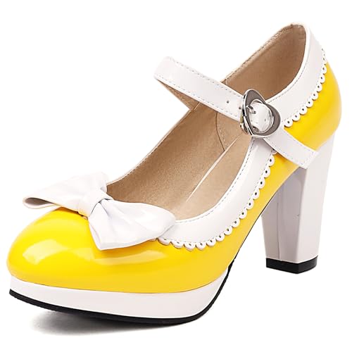 Gicoiz Süß Mary Jane Damen Party Block High Schuhe Pumps Bogennot Hochzeit Knöchelriemchen Bride Chunky Formal Schuhe Elegant Gelb Gr 36.5 EU-37Cn von Gicoiz