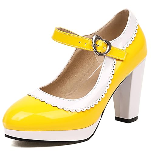 Gicoiz Süß Mary Jane Damen Party Block High Schuhe Pumps Bogennot Hochzeit Knöchelriemchen Bride Chunky Formal Schuhe Elegant Gelb Gr 40.5 EU-42Cn von Gicoiz