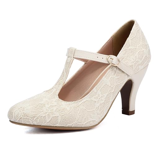Gicoiz T-Spange Mary Jane Stiletto Damen Hochzeit Schuhe Geschlossen Sommer Höhe Ferse Pumpe Damen Pointed Toe Beige Gr 40.5 EU-42Cn von Gicoiz