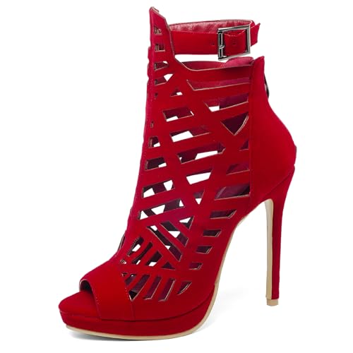 Gicoiz Wildleder Gladiator Damen Strappy Sommer Stiefeletten Peep Toe Abend Stiletto Höhe Ferse Elegant Mesh Stiefeletten Zip Rot Gr 32 EU von Gicoiz