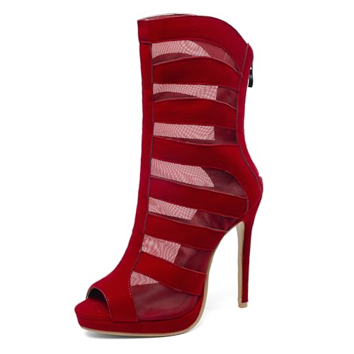 Gicoiz Wildleder Gladiator Damen Strappy Sommer Stiefeletten Peep Toe Abend Stiletto Höhe Ferse Elegant Mesh Stiefeletten Zip Rot Gr 35 EU von Gicoiz