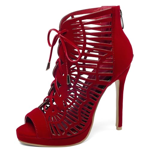Gicoiz Wildleder Gladiator Damen Strappy Sommer Stiefeletten Peep Toe Abend Stiletto Höhe Ferse Elegant Mesh Stiefeletten Zip Rot Gr 46 EU-48Cn von Gicoiz