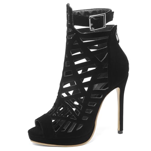 Gicoiz Wildleder Gladiator Damen Strappy Sommer Stiefeletten Peep Toe Abend Stiletto Höhe Ferse Elegant Mesh Stiefeletten Zip Schwarz Gr 31 EU von Gicoiz
