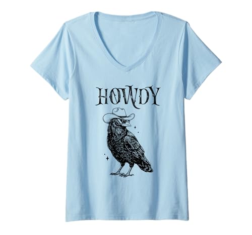 Damen Howdy Raven - Krähe mit Cowboyhut - Western Krähe T-Shirt mit V-Ausschnitt Damen Howdy Raven - Krähe mit Cowboyhut - Western Krähe T-Shirt mit V-Ausschnitt von Giddy Up - Cowboy Raven Ready for Rodeo