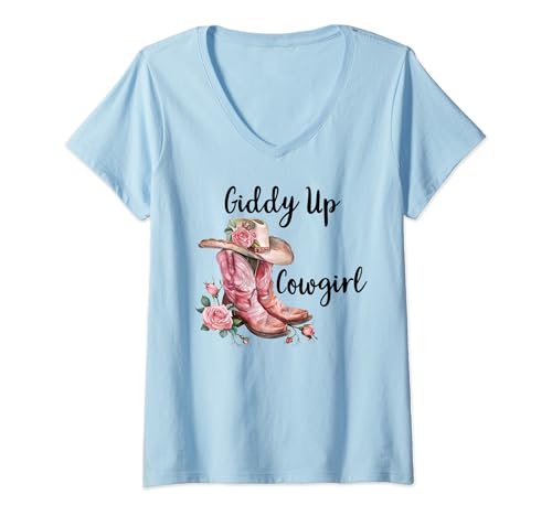 Damen Giddy Up Cowgirl Shirt,Pink Cowboy Boots Giddy Up Cowgirl T-Shirt mit V-Ausschnitt von Giddy Up T Shirt,Horse Rider Giddy Up Cowgirl Tees