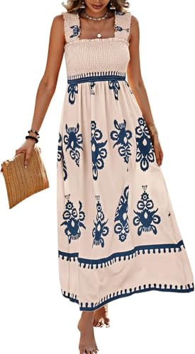 Boho Sommerkleid Damen Lange A Linien Elegant Ärmellos Strandkleid Gesmoktes Cami Kleid Urlaubs Freizeitkleid Locker Lässig Midikleid Fließendes Leicht Luftig Casual Wickelkleid Silvester Outfit von Gienslru